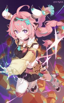 1girl absurdres ahoge animal_ears aqua_hair bandaid bandaid_hair_ornament black_skirt braid bright_pupils cow_ears cow_girl cow_horns cow_tail electricity genshin_impact hair_ornament hairband highres horns long_hair long_sleeves looking_at_viewer multicolored_hair nenggong_zhiren open_mouth pink_hair purple_eyes skirt solo streaked_hair tail thighhighs twin_braids varesa_(genshin_impact) white_pupils