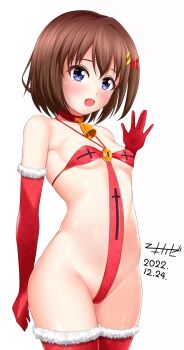 1girl 2022 artist_name bell bikini black_choker blue_eyes blush bob_cut breasts brown_hair choker christmas commentary_request cowboy_shot cross cross_bikini cross_print crotch_strap dated elbow_gloves female_focus fur-trimmed_gloves fur-trimmed_legwear fur_trim gloves groin hair_ornament hairclip halterneck highres loli looking_at_viewer lyrical_nanoha neck_bell one-piece_swimsuit open_mouth partial_commentary print_swimsuit red_gloves red_one-piece_swimsuit red_slingshot_swimsuit red_thighhighs short_hair signature simple_background slingshot_swimsuit small_breasts smile solo standing swimsuit thighhighs waving white_background x_hair_ornament yagami_hayate year yukimaru_(yukimaru_0721)