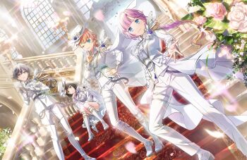 Rule 34 | 4girls, anyoji hime, aqua eyes, ascot, black hair, blonde hair, blue eyes, blunt bangs, blunt ends, bob cut, boots, braid, braided ponytail, breasts, cape, center frills, closed mouth, collared jacket, collared shirt, dutch angle, finger to mouth, floating cape, flower, frilled shirt, frills, game cg, gloves, gradient hair, green eyes, grin, hand on own hip, hat, highres, hinoshita kaho, ichigo milk love, indoors, jacket, katsuragi izumi, link! like! love live!, long sleeves, looking at viewer, love live!, low ponytail, medium breasts, momose ginko, multicolored hair, multiple girls, non-web source, official art, one eye closed, orange eyes, orange hair, pants, pink hair, ponytail, princes (love live!), rose, self-datamine, shirt, short hair, shorts, shushing, single braid, sitting, sitting on stairs, smile, stairs, standing, v-shaped eyebrows, virtual youtuber, white ascot, white boots, white cape, white flower, white gloves, white hat, white jacket, white pants, white rose, white shirt, white shorts