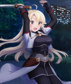 Rule 34 | 1girl, ahoge, armor, arms up, black dress, black gloves, black leggings, blonde hair, blue eyes, blush, breastplate, breasts, building, cloud, cosplay, cowboy shot, dot nose, dress, fingerless gloves, game cg, gloves, holding, holding sword, holding weapon, katana, kohagura ellen, large breasts, leggings, long hair, long sleeves, maria traydor, maria traydor (cosplay), night, official art, open mouth, showgirl skirt, shrug (clothing), skirt, sky, small sweatdrop, solo, star ocean, star ocean: anamnesis, star ocean: till the end of time, sword, teeth, third-party source, toji no miko, toji no miko: kizamishi issen no tomoshibi, upper teeth only, weapon, white shrug, white skirt