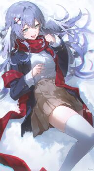 1girl absurdres alternate_costume black_jacket blazer brown_skirt commentary_request feathered_wings green_eyes hair_between_eyes hair_ornament head_wings highres honkai:_star_rail honkai_(series) jacket light_blush long_hair long_sleeves lying on_back open_mouth pleated_skirt ppi44 purple_hair red_scarf robin_(honkai:_star_rail) scarf shirt skirt smile snow snowman_hair_ornament solo thighhighs very_long_hair white_shirt white_thighhighs white_wings wings winter