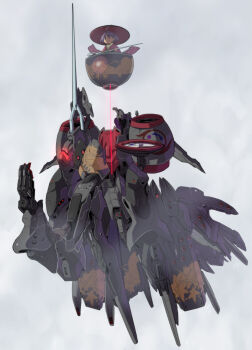 1girl ahoge bowl closed_mouth dendrobium_schema female_focus flying frown gundam hair_flaps hat highres holding holding_needle in_bowl in_container japanese_clothes kimono laser laser_pointer_projection laser_sight long_sleeves looking_away looking_down mecha needle obi parody red_eyes robot sash sewing_needle short_hair simple_background solo sukuna_shinmyoumaru syope touhou