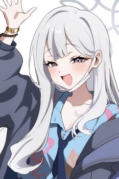 1girl arm_up blue_archive blue_necktie blue_shirt blush collared_shirt grey_eyes grey_hair grey_halo grey_jacket halo hawaiian_shirt highres jacket konoka_(blue_archive) long_hair long_sleeves looking_at_viewer mask mask_pull mouth_mask necktie open_clothes open_jacket open_mouth pineap000 shirt simple_background smile solo white_background white_mask