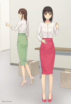 Rule 34 | 2girls, absurdres, black hair, brown hair, commentary request, commission, green skirt, high heels, highres, long hair, long skirt, long sleeves, multiple girls, office lady, original, pencil skirt, pixiv commission, red shoes, setu kurokawa, shirt, shoes, skirt, sleeves rolled up, standing, white shirt, white shoes