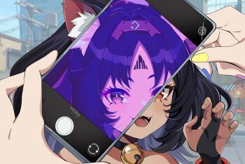 2girls animal_ear_fluff animal_ears bell black_bridal_gauntlets black_hair bridal_gauntlets cat_ears cat_girl commentary commentary_request dark-skinned_female dark_skin day english_commentary facial_mark female_pov fingernails forehead_mark hairband hand_up highres holding holding_phone jingle_bell kurimako long_hair looking_at_viewer mixed-language_commentary multicolored_nails multiple_girls nail_polish neck_bell nekomiya_mana nicole_demara open_mouth outdoors parted_bangs phone pov red_eyes red_hairband smile solo_focus taking_picture triangle triangle_facial_mark viewer_holding_phone zenless_zone_zero