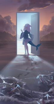1girl absurdres barefoot blue_hair blue_hoodie blunt_bangs commentary door english_commentary facing_viewer fins fish_tail footprints full_body gawr_gura gawr_gura_(1st_costume) grey_hair grin hand_up highres hirotaka0125 hololive hololive_english hood hoodie long_hair long_sleeves multicolored_hair no_pants outdoors shark_girl shark_tail smile solo streaked_hair tail two_side_up virtual_youtuber waving wide_sleeves