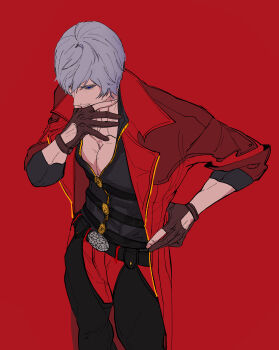 1boy absurdres arm_up bare_pectorals belt belt_buckle black_belt black_vest blue_eyes buckle chest_belt clothing_cutout coat collarbone cowboy_shot dante_(devil_may_cry) devil_may_cry devil_may_cry_(series) devil_may_cry_4 glove_cutout gloves grey_hair hand_on_own_face hand_on_own_hip highres lapels male_focus mauli0889 open_clothes open_coat pants partially_fingerless_gloves pectorals red_background red_coat short_hair simple_background solo standing vest
