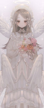 1girl absurdres angel_wings blonde_hair bonnet bouquet bow braid braided_bangs brooch classic_lolita closed_mouth colored_eyelashes commentary_request crescent dress ear_piercing earrings feathered_wings feet_out_of_frame flipped_hair flower gakuen_idolmaster grey_background grey_ribbon hair_bow hair_ribbon halo highres holding holding_bouquet idolmaster jewelry konkontsuki lolita_fashion long_dress long_hair long_sleeves looking_at_viewer multiple_wings neck_ribbon orange_eyes parted_bangs piercing ribbon ribbon_braid ring rose shinosawa_hiro single_braid solo standing traditional_halo white_bonnet white_bow white_dress white_ribbon white_wings wings