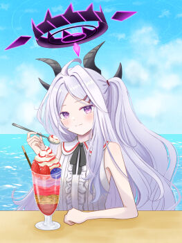 1girl a_ekoa absurdres ahoge bare_shoulders black_horns black_ribbon blue_archive blue_sky blueberry blush center_frills clenched_hand closed_mouth commentary day demon_girl demon_horns food frilled_shirt frills fruit grey_hair hair_intakes hair_ornament hairclip halo hand_up highres hina_(blue_archive) holding holding_spoon horns long_hair looking_at_viewer neck_ribbon ocean one_side_up outdoors parallel_hairclips parfait parted_bangs purple_eyes purple_halo ribbon shirt sky sleeveless sleeveless_shirt smile solo split_mouth spoon strawberry upper_body very_long_hair white_shirt