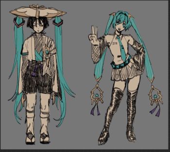 1boy 1girl alternate_hair_length alternate_hairstyle aqua_belt aqua_eyes aqua_hair aqua_necktie arms_at_sides belt black_boots black_bow black_eyes black_hair black_mouth black_sandals black_shorts black_sleeves blue_gemstone blue_kimono blue_sleeves blunt_ends bodysuit boots bow bridal_gauntlets cape collared_shirt contrapposto crossover detached_sleeves ebany_ohuet feathers full_body gem genshin_impact gold grey_background grey_bodysuit grey_bridal_gauntlets grey_cape grey_skirt hair_intakes hair_ornament hair_ornament_switch hairstyle_switch hand_on_own_hip hand_up hat hatching_(texture) hatsune_miku japanese_clothes jingasa juban kimono layered_sleeves leg_warmers looking_at_another looking_at_viewer necktie open_clothes open_kimono open_mouth pleated_skirt pom_pom_(clothes) purple_rope ring_hair_ornament rope sandals scaramouche_(genshin_impact) shirt short_hair short_sleeves shorts sketch skirt standing straight-on tassel teeth thigh_boots upper_teeth_only v vocaloid wanderer_(genshin_impact) white_hat white_kimono white_leg_warmers white_shirt white_sleeves wide_sleeves wispy_bangs yellow_feathers zouri