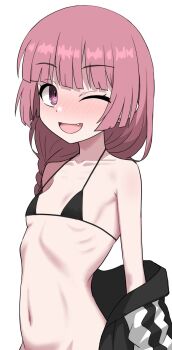 Rule 34 | 1girl, alternate costume, arms behind back, bare shoulders, bikini, black bikini, blunt bangs, blush, bocchi the rock!, braid, breasts, clothes down, fang, halulu, highres, hiroi kikuri, jacket, long hair, looking at viewer, navel, one eye closed, open clothes, open jacket, open mouth, pink hair, purple hair, ringed eyes, simple background, single braid, small breasts, smile, solo, stomach, swimsuit, upper body, white background