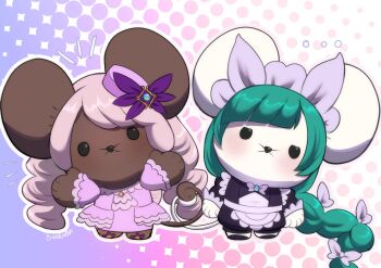 Rule 34 | absurdly long hair, animal focus, apron, ascot, black eyes, bow, bowtie, braid, braided ponytail, breadcritter, cosplay, dark-skinned female, dark skin, dress, frilled ascot, frills, green hair, hair ornament, jacinthe (pokemon), jacinthe (pokemon) (cosplay), juliet sleeves, lebanne (pokemon), lebanne (pokemon) (cosplay), long braid, long hair, long sleeves, low drills, maid, maid apron, maid headdress, master and servant, mega stone, mouse (animal), nintendo, no humans, pokemon, pokemon (creature), pokemon focus, pokemon legends: z-a, puffy sleeves, purple dress, purple hair, solid circle eyes, solid oval eyes, standing, tandemaus, very dark skin, very long hair, white bow, white bowtie