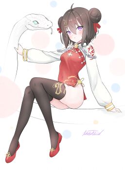 Rule 34 | 1girl, :o, absurdres, ahoge, azur lane, black thighhighs, blush, breasts, brown hair, chain, china dress, chinese clothes, cleavage cutout, clothing cutout, commentary request, covered navel, double bun, dress, forked tongue, full body, hair bun, hair ornament, hair ribbon, highres, livetarica, long sleeves, looking at viewer, official alternate costume, parted lips, petting, polka dot, polka dot background, purple eyes, red dress, red ribbon, red shoes, ribbon, shoes, short hair, side slit, simple background, sitting, sitting on animal, skindentation, small breasts, snake, solo, tai yuan (azur lane), tai yuan (the golden dragon's festivities) (azur lane), thighhighs, tongue, white background, white snake, zettai ryouiki
