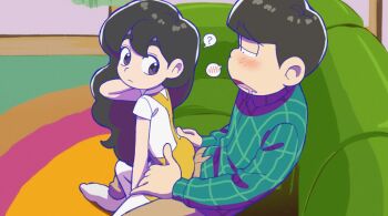1boy 1girl ? age_difference ass black_hair bulge closed_mouth couch drooling erection erection_under_clothes frown hetero kanarynn loli long_hair matsuno_choromatsu on_couch open_mouth original osomatsu_(series) sitting sitting_on_lap sitting_on_person socks spoken_question_mark white_socks