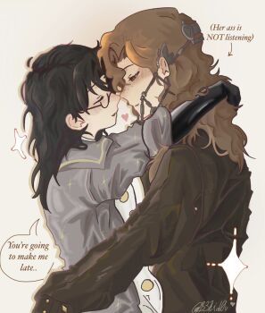 2girls arms_around_neck black_gloves black_hair blush braces brown_coat brown_eyes brown_hair coat commentary english_commentary english_text freckles glasses gloves grey_coat heart highres im_just_h3re long_hair multiple_girls reverse:1999 simple_background speech_bubble tooth_fairy_(reverse:1999) yellow_background yuri z_(reverse:1999)