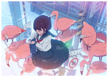 1girl animal artist_name backpack bag bird brown_hair building city closed_eyes day english_text fire flaming_weapon flamingo name_tag original reflection reflective_liquid scenery school_uniform skirt symbolism vivid507 water weapon