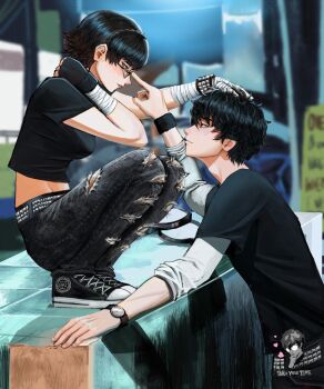 Rule 34 | 1boy, 1girl, absurdres, adjusting another's eyewear, alternate costume, amamiya ren, bandaged arm, bandaged hand, bandages, belt, black gloves, black hair, black shirt, blurry, blurry background, blush, bracelet, braid, breasts, brown hair, chaosoded, commentary, couple, crown braid, denim, english commentary, from side, full body, glasses, gloves, gradient hair, hand on another's head, hetero, highres, jeans, jewelry, looking at another, medium breasts, midriff peek, multicolored hair, niijima makoto, pants, persona, persona 5, profile, shirt, short hair, short sleeves, single glove, squatting, t-shirt, torn clothes, torn pants, upper body, watch, wristwatch