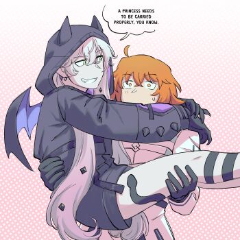 Rule 34 | 2girls, black gloves, black jacket, carrying, demon wings, dress, earrings, english text, fate/grand order, fate (series), fujimaru ritsuka (female), fujimaru ritsuka (female) (decisive battle chaldea uniform), gloves, gradient background, grin, highres, hood, hooded jacket, horned hood, horns, jacket, jewelry, lilith (fate), lilith (first ascension) (fate), long hair, multiple girls, orange eyes, orange hair, pale skin, princess carry, smile, sweatdrop, very long hair, vincent-san, white dress, white hair, wings, yellow eyes