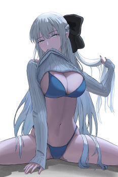 1girl absurdres bikini black_bow blue_bikini blue_eyes blush bow braid breasts cleavage closed_mouth fate/grand_order fate_(series) grey_hair hair_bow half_up_braid highres large_breasts long_hair long_sleeves looking_at_viewer morgan_le_fay_(fate) navel nayuta9671 ponytail sidelocks simple_background solo spread_legs sweater swimsuit very_long_hair white_background white_hair