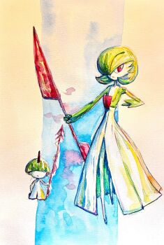 1girl 1other blunt_bangs bob_cut borrowed_weapon bowl_cut closed_mouth colored_skin covered_eyes double_blade flat_chest full_body gardevoir gen_3_pokemon green_hair green_skin hair_over_eyes hair_over_one_eye hand_on_own_hip hand_up highres holding holding_polearm holding_weapon iron_valiant keishi_(pixiv_1245064) looking_afar multicolored_skin nintendo no_feet one_eye_covered open_mouth painting_(medium) pokemon pokemon_(creature) polearm red_eyes short_hair spear standing traditional_media two-tone_skin watercolor_(medium) weapon white_skin