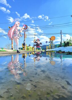 &lt;|&gt;_&lt;|&gt; absurdres ahoge black_wings blue_archive blue_sky blush bow breasts cloud cloudy_sky cyansapphire day green_eyes hair_bow halo hanako_(blue_archive) haniwa_(statue) head_wings highres koharu_(blue_archive) long_hair outdoors pink_hair pink_halo pointing power_lines puddle reflection reflective_water road_sign scenery shirt sign sky stop_sign twintails white_shirt wings