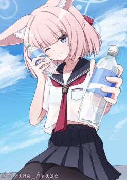 1girl ;) animal_ear_fluff animal_ears ayana_ayase black_pantyhose black_sailor_collar black_shirt blue_archive blue_eyes blue_halo blue_sky blunt_bangs blush bottle closed_mouth cloud commentary_request cowboy_shot day dual_wielding eyes_visible_through_hair fox_ears fox_girl hair_ribbon half_updo halo hands_up highres holding holding_bottle looking_at_viewer medium_hair midriff_peek miniskirt neckerchief niko_(blue_archive) one_eye_closed outdoors pantyhose pink_hair pleated_skirt red_neckerchief red_ribbon ribbon sailor_collar school_uniform serafuku shirt short_sleeves sitting skirt sky smile solo twitter_username water_bottle white_shirt