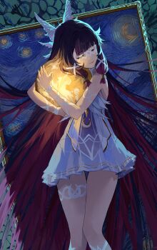 Rule 34 | 1girl, absurdres, bare shoulders, bonnet, closed eyes, closed mouth, columbina (genshin impact), commentary request, dress, eye mask, genshin impact, hair ornament, head wings, highres, mask, multicolored hair, multiple wings, purple streaks, see-through clothes, see-through mask, streaked hair, white dress, white headdress, white mask, white wings, wing hair ornament, wings, wrist bow, x-shaped eyewear, yukii91218