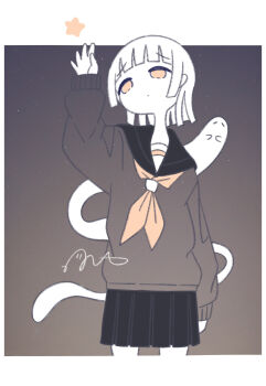 1girl arm_up black_sailor_collar black_skirt border commentary_request cowboy_shot ghost highres long_sleeves miniskirt neckerchief omochi_noa original outside_border pleated_skirt reaching revision sailor_collar school_uniform serafuku signature skirt standing star_(symbol) white_border yellow_eyes yellow_neckerchief