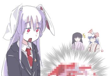 Rule 34 | +++, 3girls, anger vein, angry, animal ears, black hair, black jacket, blunt bangs, blush stickers, bow, buttons, censored, closed eyes, closed mouth, collared shirt, commentary request, crescent, crescent pin, ears down, egasumi, fujiwara no mokou, hair between eyes, hair bow, hand up, highres, hiwano, houraisan kaguya, jacket, juliet sleeves, lapels, long hair, long sleeves, looking at object, looking down, mosaic censoring, motion lines, multiple girls, necktie, open mouth, pink eyes, pink shirt, puffy long sleeves, puffy sleeves, purple hair, rabbit ears, rabbit girl, red necktie, reisen udongein inaba, shirt, sidelocks, simple background, smile, suspenders, tongue, touhou, upper body, white background, white bow, white hair, white shirt, wide sleeves, zun (style)