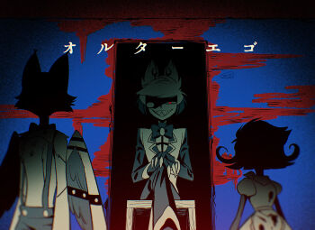 1girl 2boys :d alastor_(hazbin_hotel) animal_ears antlers apron arms_at_sides bandana bandana_around_neck blue_background blurry bob_cut bow bowtie cat_boy chair chromatic_aberration coat colored_tips commentary_request cowboy_shot crossed_legs deer_antlers deer_ears depth_of_field dress face_in_shadow feathered_wings feet_out_of_frame fewer_digits film_grain flipped_hair frilled_apron frills from_below furry furry_male glowing glowing_eye grin hands_on_own_knee hazbin_hotel hellaverse highres horns husk_(hazbin_hotel) lapels long_sleeves looking_at_viewer menma_(enaic31) monocle multicolored_hair multiple_boys niffty_(hazbin_hotel) notched_lapels on_chair open_door open_mouth pants puffy_short_sleeves puffy_sleeves red_background red_eyes shaded_face sharp_teeth short_hair short_sleeves signature simple_background sitting smile standing suspenders swept_bangs teeth traditional_bowtie translation_request two-tone_background vignetting waist_apron wings wooden_chair