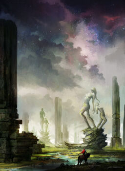 bad_link cloak fog highres hood hooded_cloak horse horseback_riding jjcanvas landscape moss nebula original painterly pillar red_cloak riding river rock scenery signature sky star_(sky) starry_sky statue watermark web_address wind