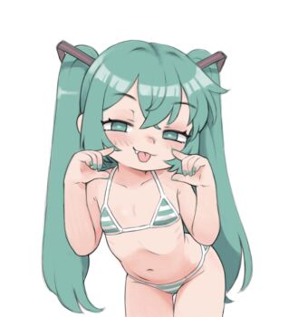 1girl aged_down aqua_eyes aqua_hair bikini blush fang flat_chest hatsune_miku legs loli looking_at_viewer mesugaki micro_bikini navel qtkat smile smug standing stomach striped_bikini striped_clothes swimsuit thighs tongue tongue_out twintails vocaloid