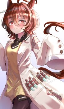 1girl agnes_tachyon_(umamusume) ahoge animal_ears black_pantyhose black_shirt blush breasts brown_hair chemical_structure closed_mouth collared_shirt commentary_request ear_ornament earrings hands_up hem_peeking_out highres holding holding_test_tube horse_ears horse_girl horse_tail jewelry looking_at_viewer medium_breasts pantyhose pen red_eyes shirt short_hair simple_background single_earring sleeves_past_fingers sleeves_past_wrists smile solo split_mouth sweater tail takenaka_takeshi test_tube umamusume white_background wolf_cut yellow_sweater