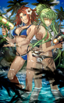 2girls artist_request ass bikini blue_eyes blue_sky breasts butt_crack c.c. cleavage code_geass curvy female_focus flower green_hair grin hair_flower hair_ornament highres holding holding_water_gun kouzuki_kallen large_breasts long_hair medium_breasts multi-strapped_bikini_bottom multiple_girls navel o-ring o-ring_bikini o-ring_top outdoors palm_tree pixiv red_hair side-tie_bikini_bottom sky smile stomach straight_hair swimsuit tree underboob wading water water_gun wide_hips yellow_eyes