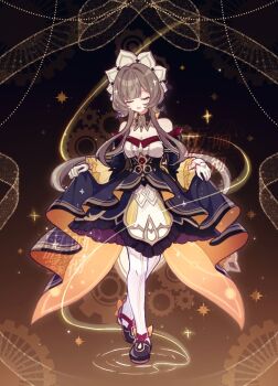 Rule 34 | 1girl, ameoto 00, bare shoulders, black dress, black shoes, brown hair, closed eyes, commentary request, curtsey, detached collar, detached sleeves, dress, frilled dress, frilled sleeves, frills, full body, genshin impact, gloves, highres, long sleeves, multicolored dress, open mouth, orange dress, pantyhose, sandrone (genshin impact), shoes, skirt hold, solo, strapless, strapless dress, white gloves, white headdress, white pantyhose