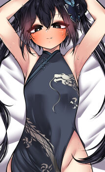 1girl absurdres armpits arms_up bare_arms bare_shoulders black_dress black_eyes blue_archive blush breasts butterfly_hair_ornament china_dress chinese_clothes closed_mouth commentary_request dragon_print dress earrings fang hair_bun hair_ornament highres jewelry kin_bbum kisaki_(blue_archive) korean_commentary medium_breasts side_slit sleeveless sleeveless_dress smile solo stud_earrings sweat twintails