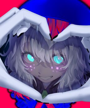 1girl blue_eyes blush eyeball frilled_shirt_collar frills grey_hair heart heart-shaped_pupils highres komeiji_koishi open_mouth smile solo symbol-shaped_pupils teeth third_eye touhou usinohone