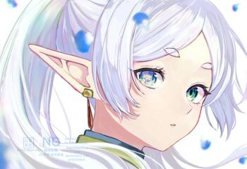 1boy 1girl close-up earrings english_text frieren green_eyes grey_hair high_collar himmel_(sousou_no_frieren) jewelry long_hair looking_at_viewer parted_bangs parted_lips pointy_ears sarasa_kouhaku simple_background solo_focus sousou_no_frieren teeth twintails upper_body watermark white_background