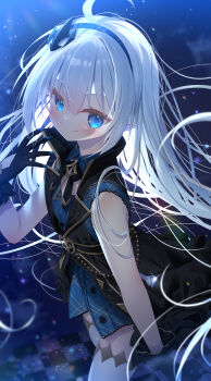 1girl ahoge black_gloves blue_dress blue_eyes blue_hairband buttons closed_mouth commentary_request dress female_tyrant_(stella_sora) gloves hair_ornament hairband highres long_hair pointy_ears smile solo star_(symbol) star_in_eye stella_sora symbol_in_eye tyrant_(stella_sora) yano_mitsuki_(nanairo)