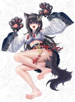 1girl absurdres animal_ear_fluff animal_ears bare_legs barefoot black_hair blue_eyes cat_ears cat_girl cat_tail earrings eruthu feet full_body highres japanese_clothes jewelry kimono long_hair long_sleeves looking_at_viewer open_mouth paw_pose shirayuki_hina shirayuki_hina_(3rd_costume) soles stellive tail tongue tongue_out virtual_youtuber