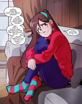 1girl blue_hairband blue_pants blue_socks brown_eyes brown_hair earrings english_text gravity_falls hairband heart heart_earrings highres indoors jewelry long_hair looking_to_the_side mabel_pines pants pink_socks pink_sweater sitting socks solo speech_bubble striped_clothes striped_socks swain_(artist) sweater turtleneck turtleneck_sweater two-tone_socks