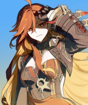 Rule 34 | 1girl, ahoge, black gloves, breasts, cleavage, colored inner hair, cropped jacket, genshin impact, gloves, gradient background, highres, light smile, long hair, mavuika (genshin impact), multicolored hair, mumu 003, red eyes, red hair, shading eyes, sunlight, zipper