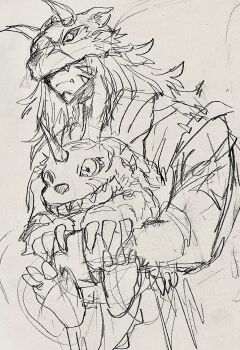 Rule 34 | absurdres, astamon, claws, digimon, digimon (creature), highres, horns, mask, monochrome, psychemon