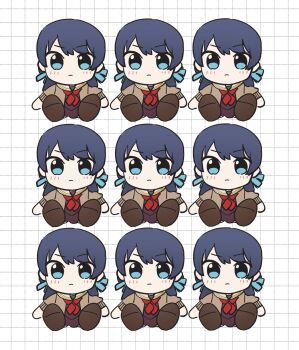 &gt;:( 1girl blue_eyes blue_hair blue_ribbon blush brown_dress character_doll chibi chibi_only commentary doll dotted_line dress grid_background hair_ribbon hasu_no_sora_school_uniform highres kuripan_plushie light_frown link!_like!_love_live! long_hair long_sleeves looking_at_viewer love_live! low_twintails multiple_views murano_sayaka nagisa_iori neckerchief red_neckerchief ribbon sailor_collar sailor_dress school_uniform symbol-only_commentary twintails v-shaped_eyebrows virtual_youtuber white_background white_sailor_collar winter_uniform