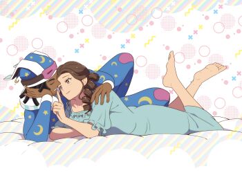 1boy 1girl barefoot beard_stubble blue_hat blue_pajamas brown_hair dark-skinned_male dark_skin drill_hair facial_hair finger_to_another&#039;s_mouth hat hetero highres identity_v long_hair long_sleeves looking_at_another lying martha_behamfil monkeywrench on_side on_stomach pajamas short_sleeves sleep_mask stubble william_ellis