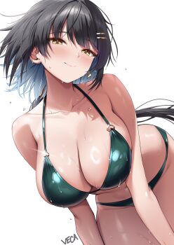 1girl alternate_breast_size_(larger) alternate_costume bare_shoulders bikini black_hair blush breasts cleavage closed_mouth collarbone colored_inner_hair commentary_request cowboy_shot female_rover_(wuthering_waves) hair_ornament hairclip halterneck highres huge_breasts leaning_forward long_hair looking_at_viewer multicolored_hair parallel_hairclips revision rover_(wuthering_waves) simple_background smile solo stomach string_bikini swimsuit thighs veca wet white_background wuthering_waves yellow_eyes