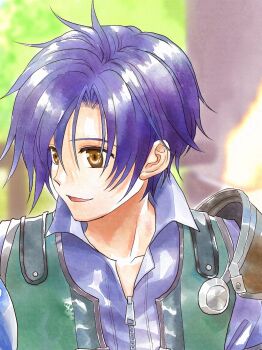 1boy armor blue_hair brown_eyes close-up collarbone curtained_hair eiyuu_densetsu front_zipper hair_between_eyes highres joshua_bright koyagistock male_focus mixed-language_commentary parted_bangs parted_lips pauldrons short_hair shoulder_armor single_pauldron smile solo sora_no_kiseki wing_collar