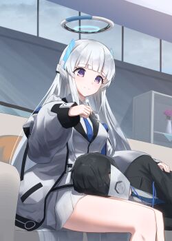1boy 1girl absurdres black_hair black_shirt blue_archive blue_necktie commentary_request doodle_sensei_(blue_archive) formal_clothes halo highres jacket lap_pillow long_hair mimikaki moca_suzuka necktie noa_(blue_archive) open_clothes open_jacket pleated_skirt purple_eyes sensei_(blue_archive) shirt skirt smile suit white_hair white_jacket white_shirt white_skirt
