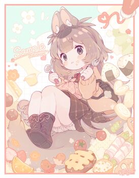 1girl :t amakawa_tamawo animal_ear_fluff animal_ears backpack bag bloomers blush boots brown_boots brown_dress brown_eyes brown_hair brown_skirt cake cardigan carrot closed_mouth collared_shirt donut dress eating food food_art food_on_face fork fruit full_body highres holding holding_fork jacket light_brown_hair long_hair long_sleeves looking_at_viewer omelet onigiri open_clothes original plaid rabbit_ears rice sample_watermark shirt signature sitting skirt solo spoon squirrel_(jjjjmmn_err) strawberry tail thick_eyebrows underwear very_long_hair watermark