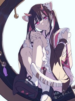 Rule 34 | 1boy, akinoko (noco916), animal ear fluff, animal ears, black hair, black shoes, blunt bangs, cho kaguya-hime!, closed mouth, crossdressing, crossdressing (mtf), detached sleeves, frilled kimono, frills, full body, highres, horns, japanese clothes, kimono, kimono dress, knees up, komazawa noi, long hair, long sleeves, looking at viewer, male focus, multicolored hair, own hands together, pink eyes, pink kimono, pink streaks, shoe soles, shoes, sitting, smile, socks, solo, streaked hair, tiger ears, trap, twintails, white background, white socks